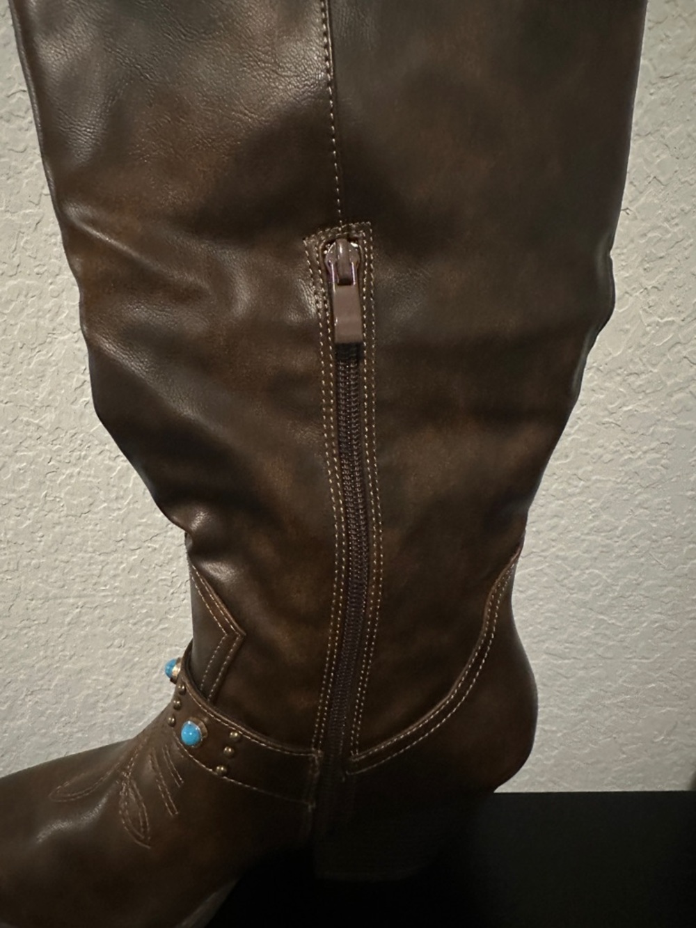FOREVER Brown Knee-High Western Boot with Turquoise Studs
